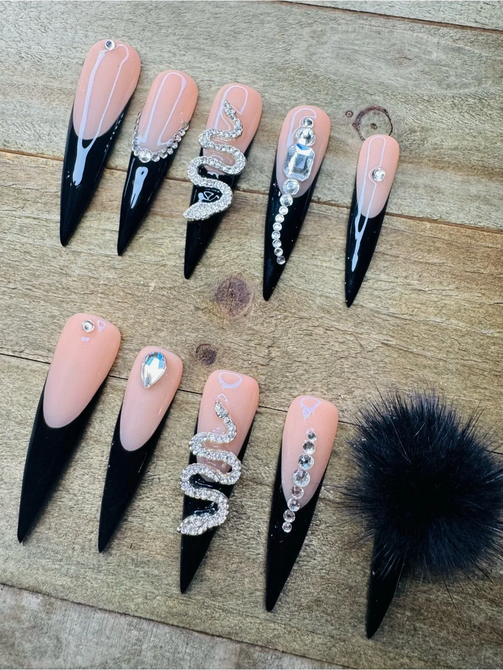 Luxury Black Stiletto Press On Nails | Magnetic Pom Pom Snake Set M